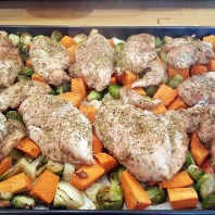 One Pan Baked Chicken with Sweet Potatoes, Brussels Sprouts & Onion