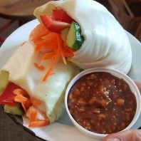 Shrimp & Veggie Cabbage Wraps with Spicy Peanut Sauce