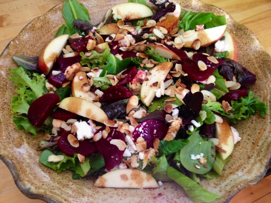 Mixed Greens With Beets, Apples, Toasted Almonds & Feta