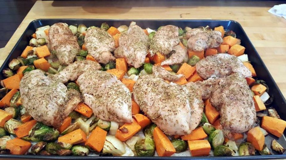 One Pan Baked Chicken with Sweet Potatoes, Brussels Sprouts & Onion