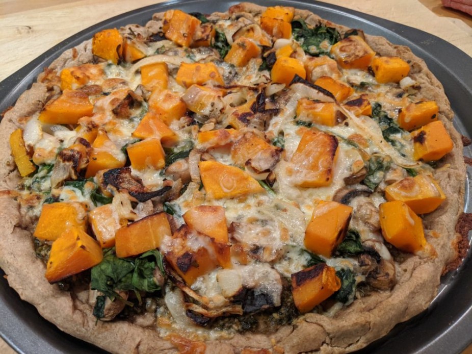 Butternut Squash Pizza with Onions, Mushrooms & Spinach